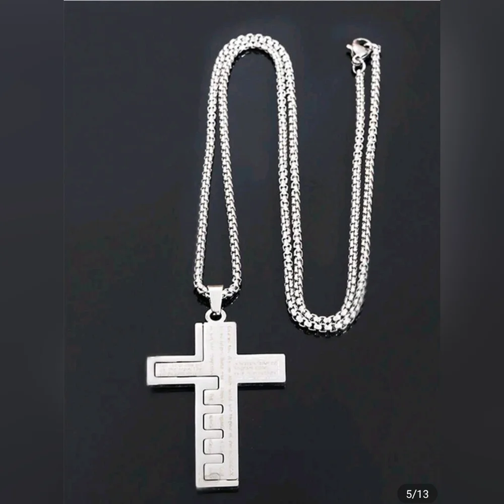 SilverTitanium Steel Cross Patchwork Design Long Necklace Unisex‎ Sweater Chain